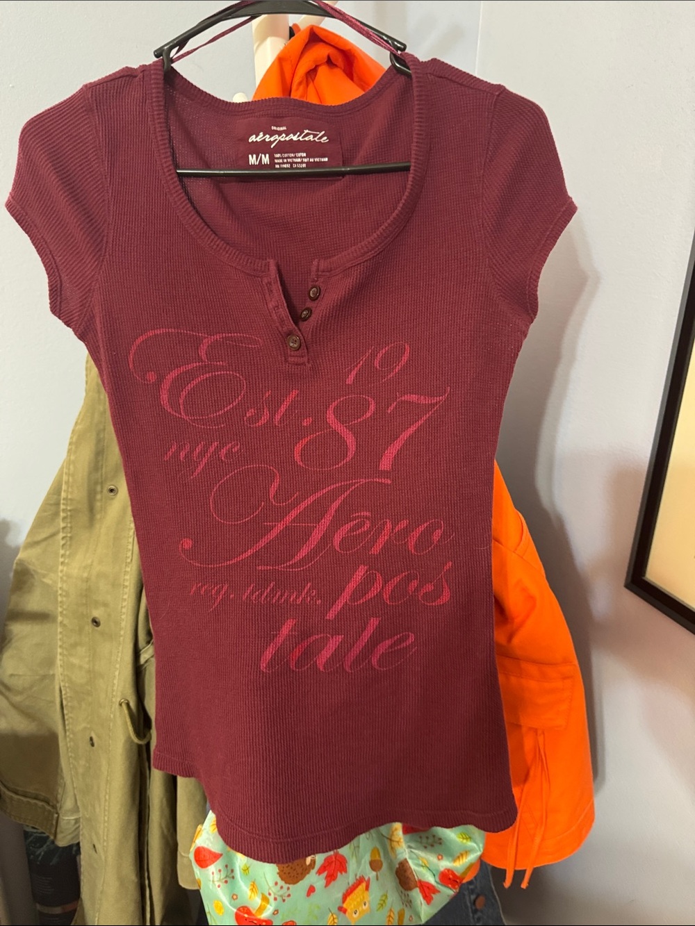 Aeropostale Women's Burgundy Short Sleeve Henley Graphic Tee